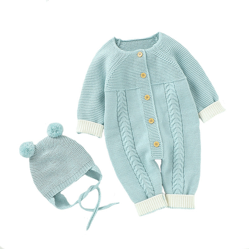 Knitted Button Blue Romper with Hat | MamasHero KSA