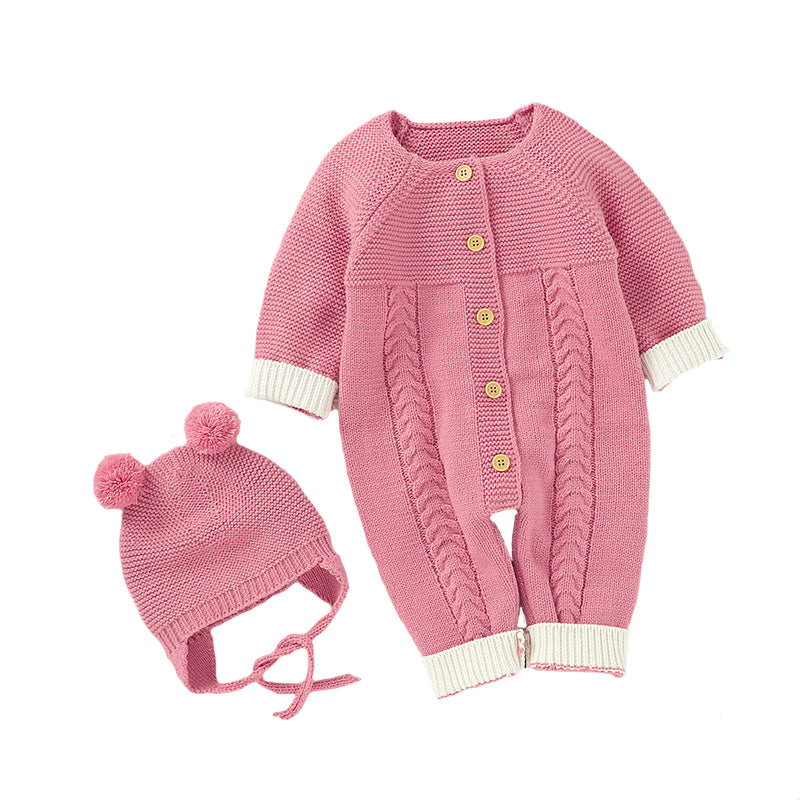 Knitted Button Pink Romper with Hat | MamasHero KSA