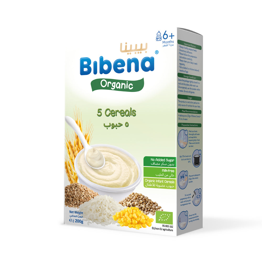 Bibena Organic 5-Cereals, Wheat & Oat Baby Cereal, Milk-Free 200G