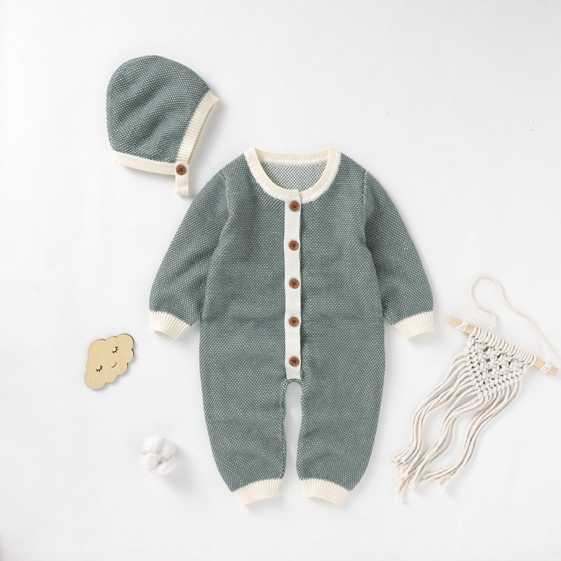 Buttoned Knit Green Romper with Hat | MamasHero KSA